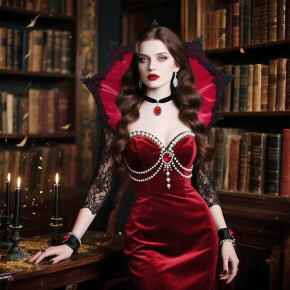 Gothic Collar Red Lace Victorian Stand Up Vampire Cosplay Halloween - Picture 3 of 9